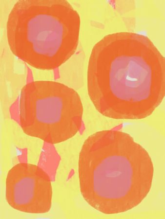 Abstract Painting. Boho roses in orange and pink on yellow.