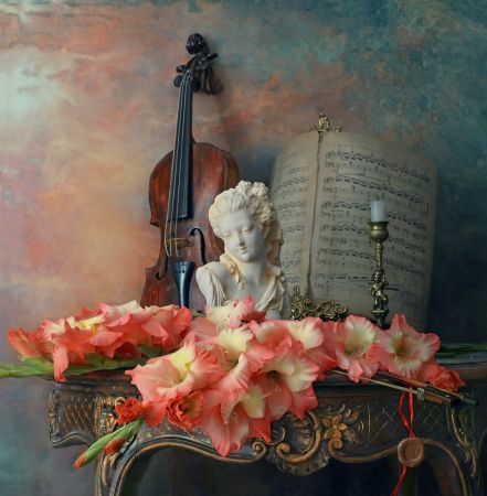 Still life with violin and flowers