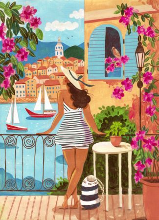 Travel poster woman in Saint-Tropez, France