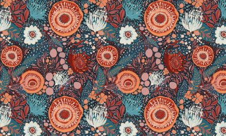 whimsical folk art-inspired pattern. Hand-painted flowers and foliage