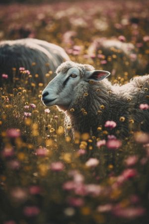 Sheeps In Flower Field